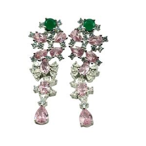 Chandelier Earrings with Emerald Green and Pink Crystal-New